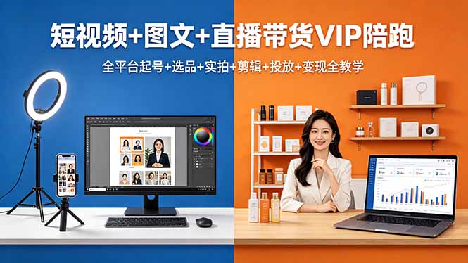 短视频+图文+直播带货VIP陪跑，全平台起号+选品+实拍+剪辑+投放+变现全教学-易创网