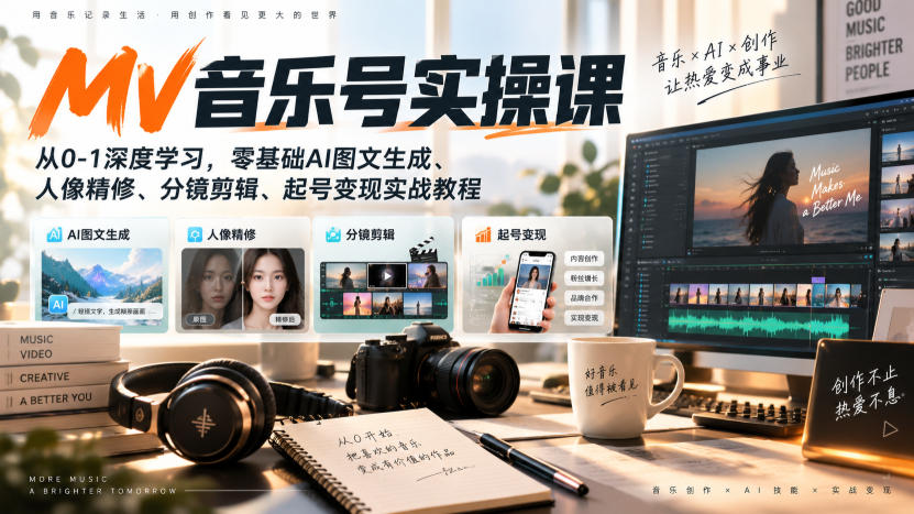 AI MV音乐号实操课，从0-1深度学习，零基础AI图文生成、人像精修、分镜剪辑、起号变现实战教程-易创网