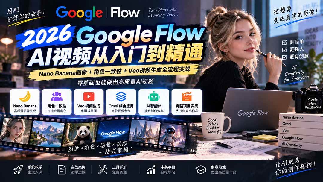 （20608期）【无水印】Google Flow AI视频从入门到精通：Nano Banana图像+角色一致性+Veo视频生成全流程实战-精翻中英字幕-易创网