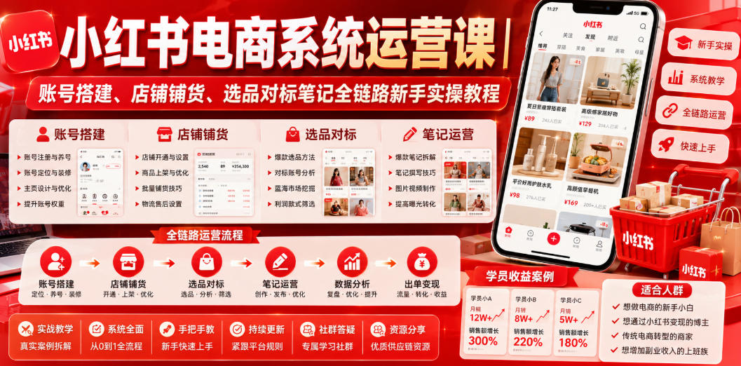 小红书电商系统运营课｜账号搭建、店铺铺货、选品对标笔记全链路新手实操教程-易创网