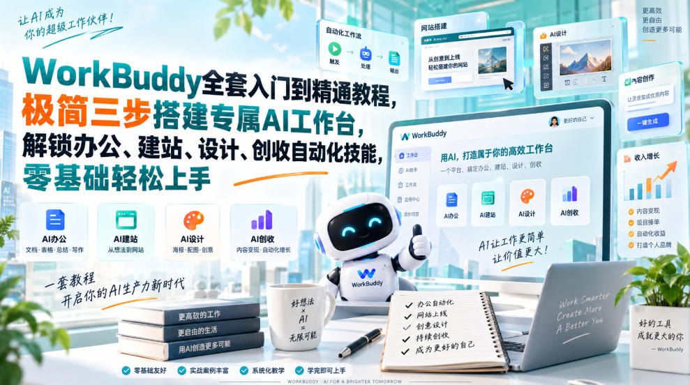 WorkBuddy全套入门到精通教程，极简三步搭建专属AI工作台，解锁办公、建站、设计、创收自动化技能，零基础轻松上手-易创网