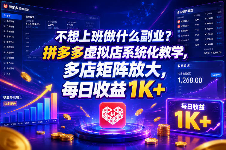 不想上班做什么副业？拼多多虚拟店系统化教学，多店矩阵放大，每日收益1K+【揭秘】-易创网