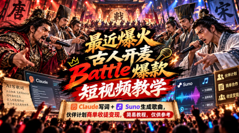 最近爆火古人开麦Battle爆款短视频教学，Claude写词+Suno生成歌曲，伙伴计划商单收徒变现，简易教程，仅供参考-易创网