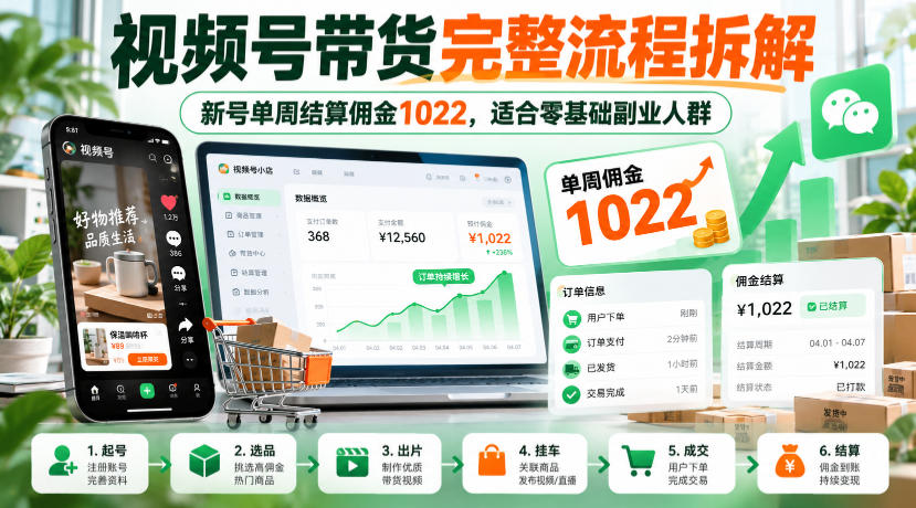 视频号带货完整流程拆解，新号单周结算佣金1022，适合零基础副业人群-易创网