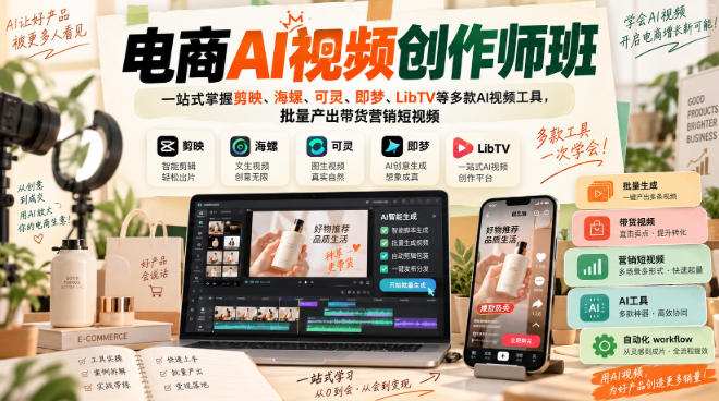 电商AI视频创作师班，一站式掌握剪映、海螺、可灵、即梦、LibTV等多款AI视频工具，批量产出带货营销短视频-易创网