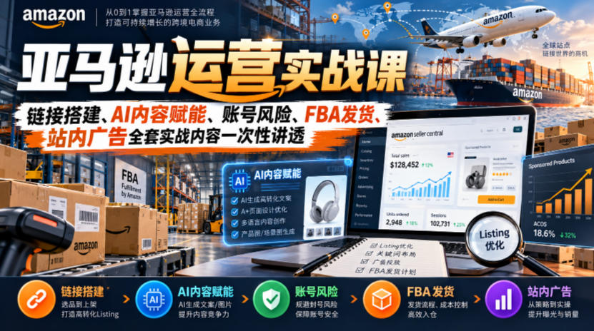亚马逊运营实战课，链接搭建、AI内容赋能、账号风险、FBA发货、站内广告全套实战内容一次性讲透-易创网