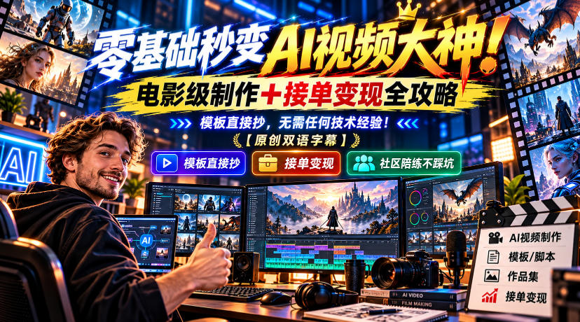 零基础秒变AI视频大神！电影级制作+接单变现全攻略，模板直接抄，无需任何技术经验！【原创双语字幕】-易创网