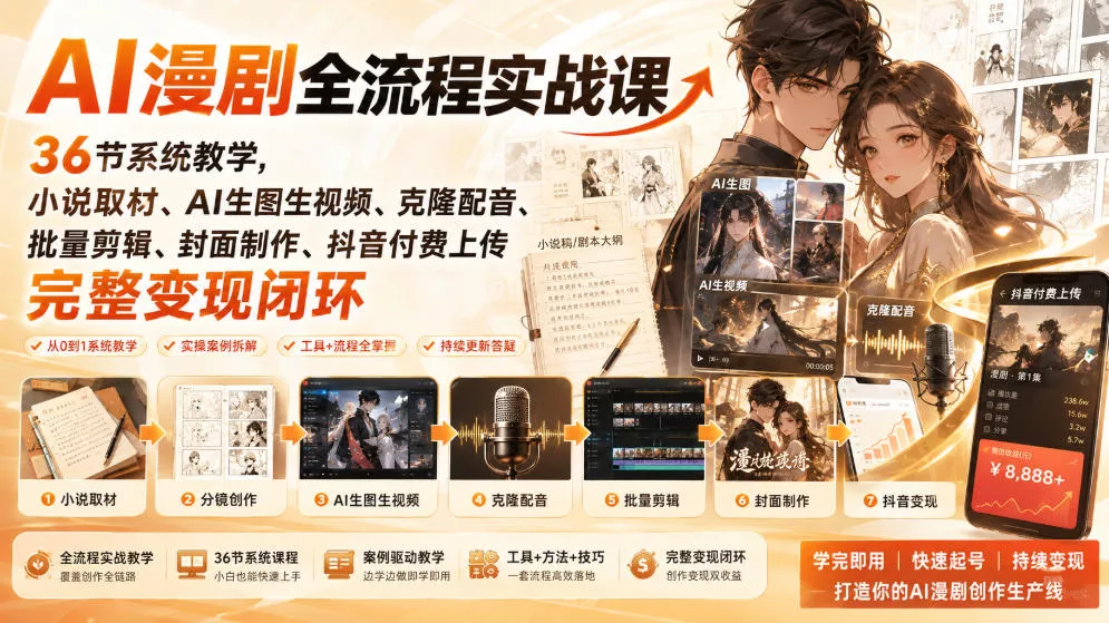AI漫剧全流程实战课｜36节系统教学，小说取材、AI生图生视频、克隆配音、批量剪辑、封面制作、抖音付费上传完整变现闭环-易创网