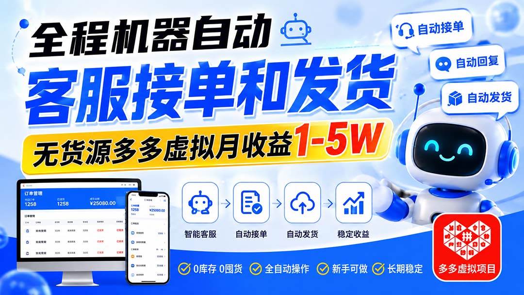 （20132期）全程机器自动客服接单和发货，无货源多多虚拟月收益1-5W-易创网
