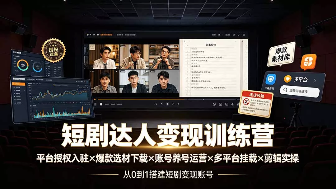 短剧达人变现训练营：平台授权入驻×爆款选材下载×账号养号运营×多平台挂载×剪辑实操×违规处理全流程-易创网