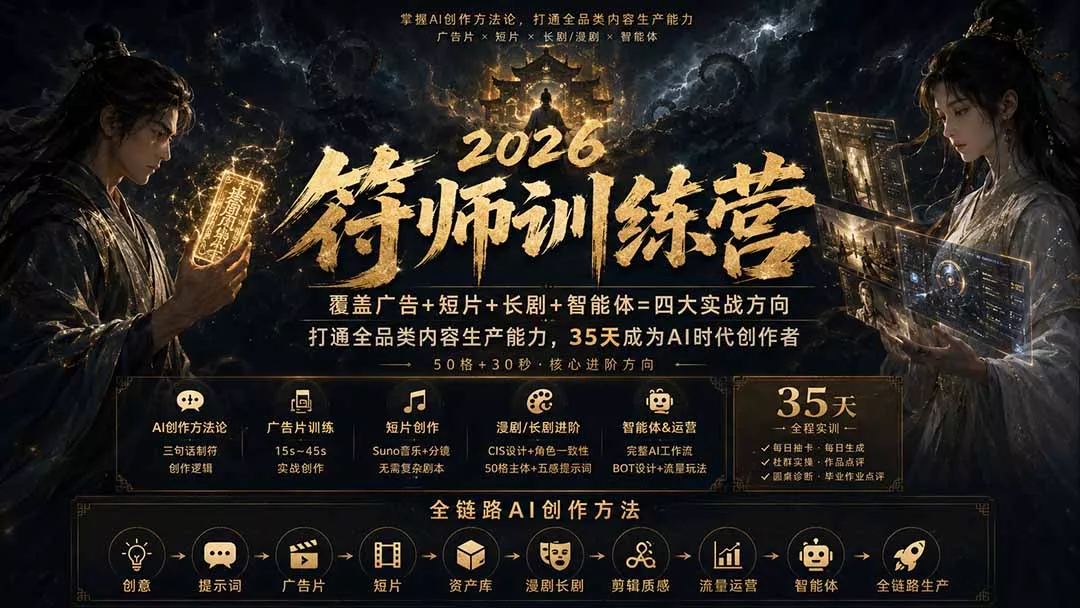 符师训练营-35天成为AI时代创作者，广告+短片+漫剧+智能体四大实战方向，掌握从创意到上线的完整工作流