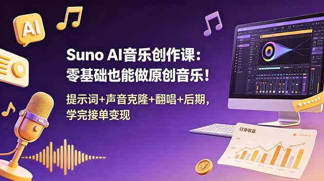 （18945期） Suno AI音乐创作课：零基础也能做原创音乐！提示词+声音克隆+翻唱+后期，学完接单变现-易创网