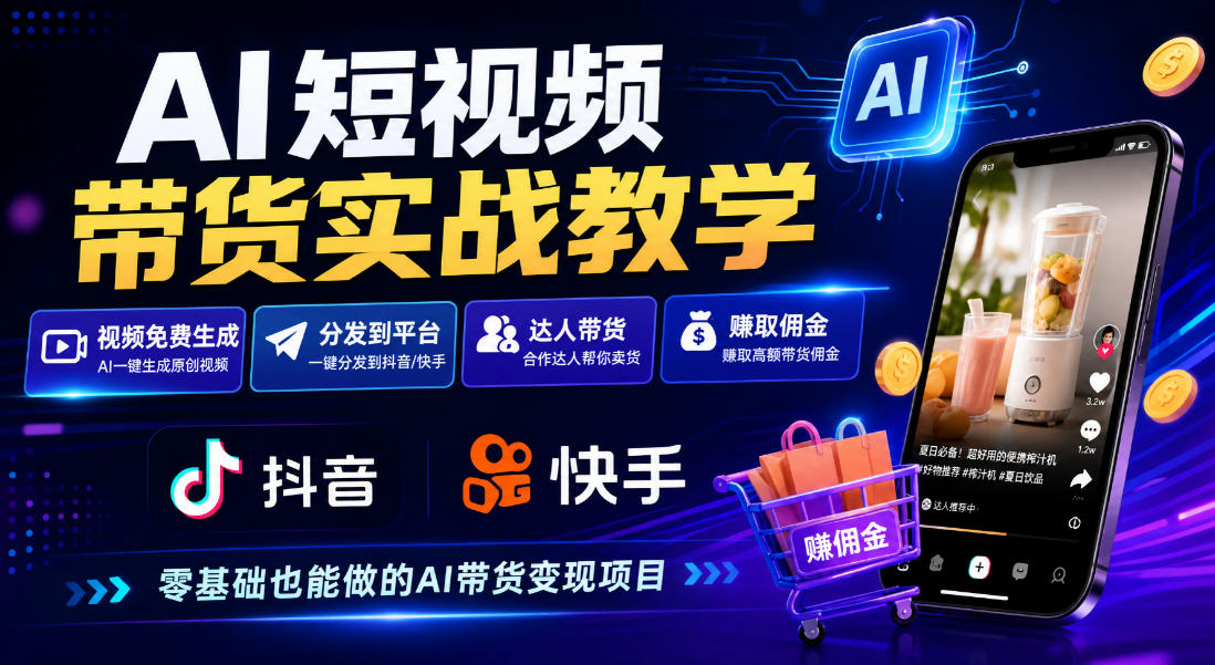AI短视频带货实战教学，视频免费生成，分发到抖音快手平台，达人带货賺佣金-易创网
