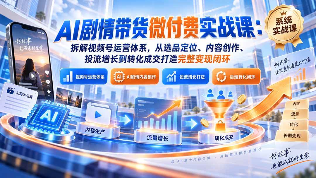 （20611期）AI剧情带货微付费实战课：拆解视频号运营体系，从选品定位、内容创作、投流增长到转化成交打造完整变现闭环-易创网