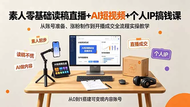 素人零基础读稿直播+AI短视频+个人IP搞钱课，从账号准备、涨粉制作到开播成交全流程实操教学-易创网