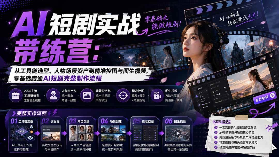 （20064期）AI短剧实战训练营：从工具链选型、人物场景资产到精准控图与图生视频，零基础跑通AI短剧完整制作流程-易创网