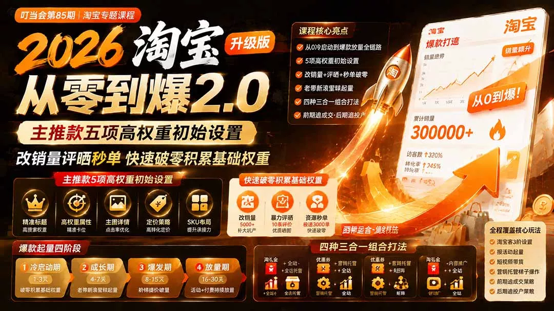 2026淘宝从零到爆2.0第85期；主推款五项高权重初始设置，改销量评晒秒单快速破零积累基础权重-易创网