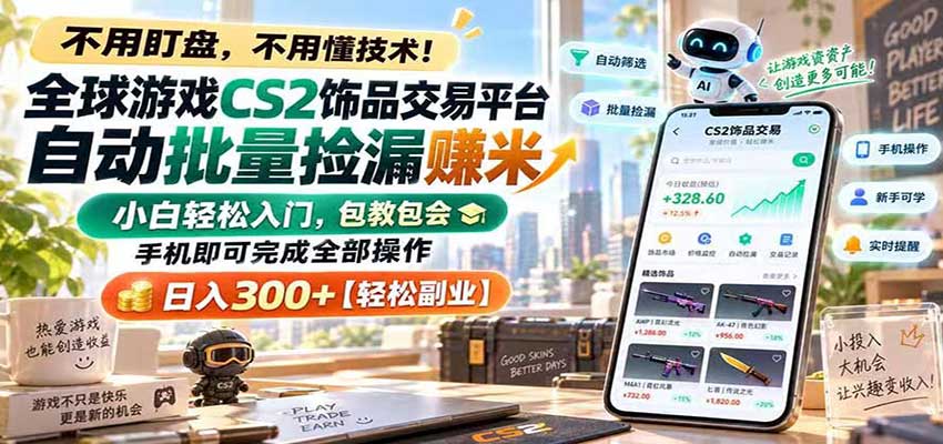 全球游戏CS2饰品交易平台自动批量捡漏赚米，手机即可完成全部操作，日入300+-易创网