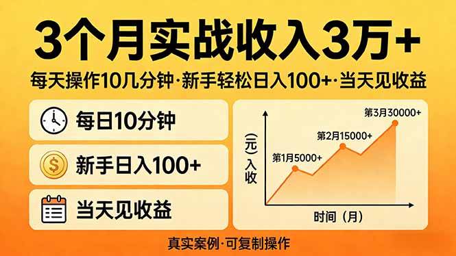 （17639期）3个月实战收入3万+，每天操作10几分钟，新手轻松日入100+，当天见收益-易创网