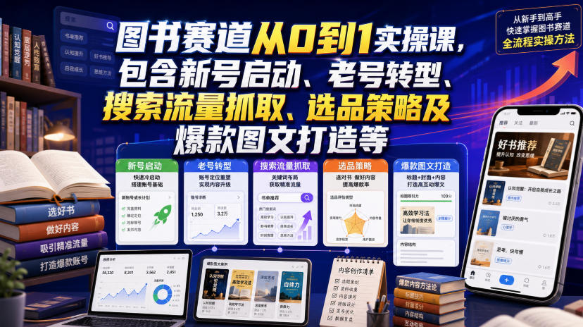 图书赛道从0到1实操课，包含新号启动、老号转型、搜索流量抓取、选品策略及爆款图文打造等-易创网