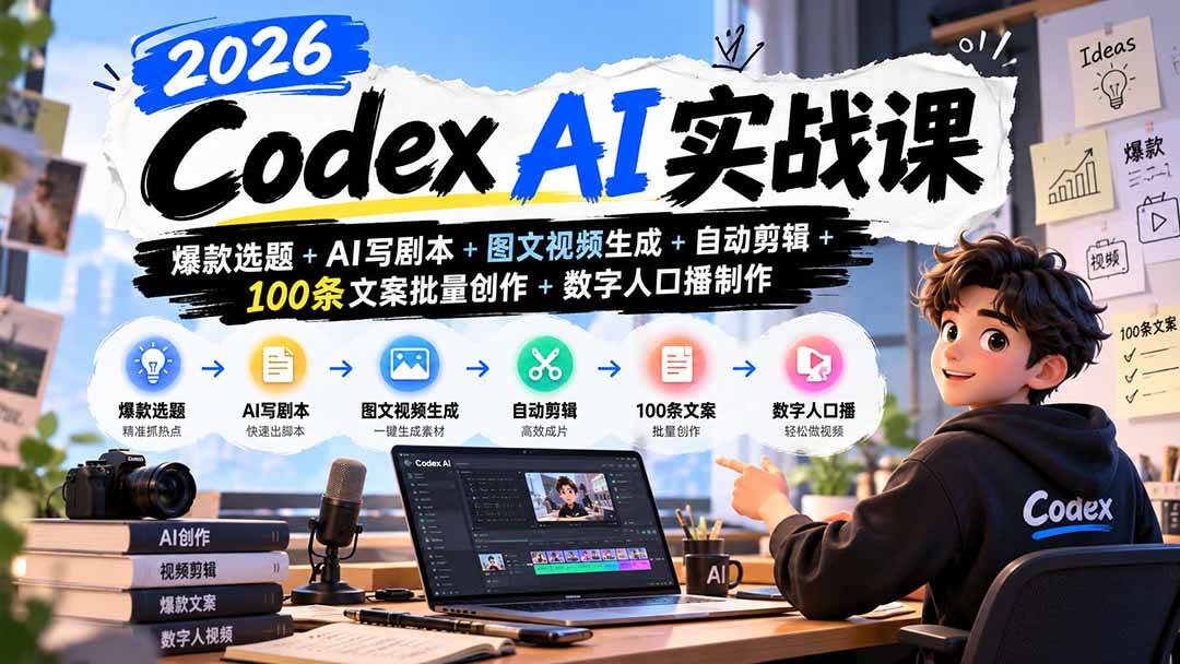 （20899期）2026Codex AI实战课：爆款选题+AI写剧本+图文视频生成+自动剪辑+100条文案批量创作+数字人口播制作-易创网