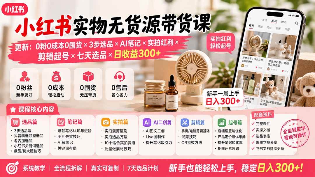 （19840期）小红书实物无货源带货课-更新：0粉0成本0囤货×3步选品×AI笔记×实拍红利×剪辑起号×七天选品×日收益300+-易创网