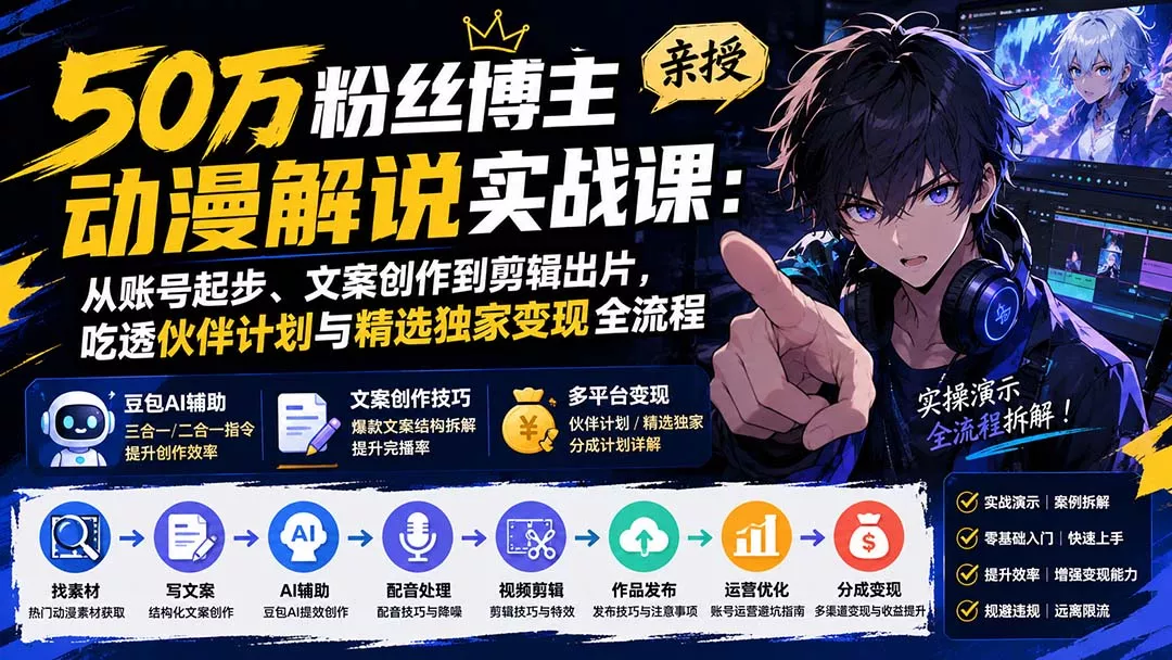 50万粉丝博主亲授动漫解说实战课：从账号起步、文案创作到剪辑出片，吃透伙伴计划与精选独家变现全流程-易创网