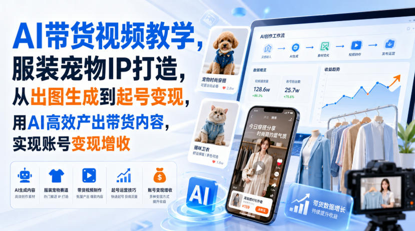 AI带货视频教学，服装宠物IP打造，从出图生成到起号变现，用AI高效产出带货内容，实现账号变现增收-易创网