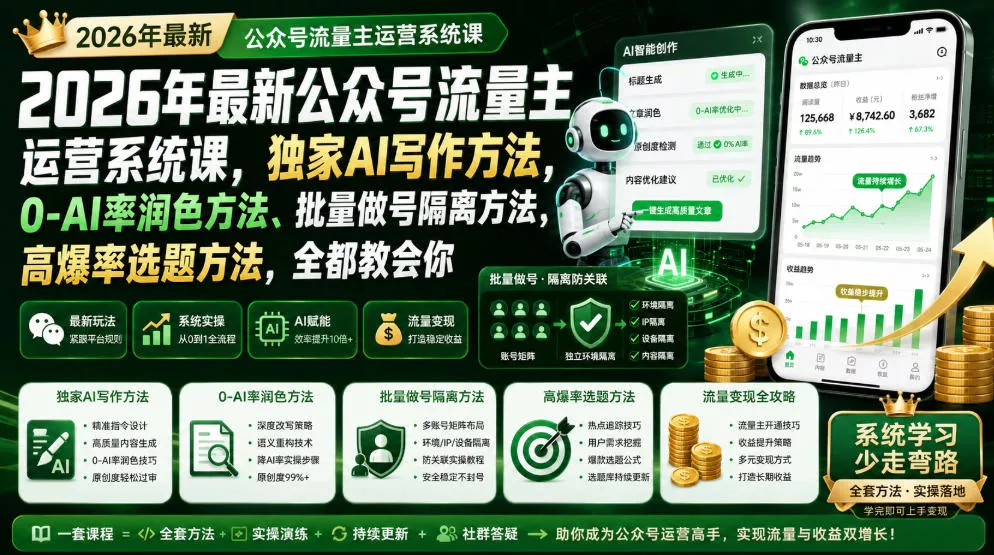 2026年最新公众号流量主运营系统课，独家AI写作方法，0-AI率润色方法、批量做号隔离方法、高爆率选题方法，全都教会你(更新1009)-易创网