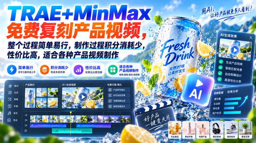 TRAE+MinMax免费复刻产品视频，整个过程简单易行，制作过程积分消耗少，性价比高，适合各种产品视频制作-易创网