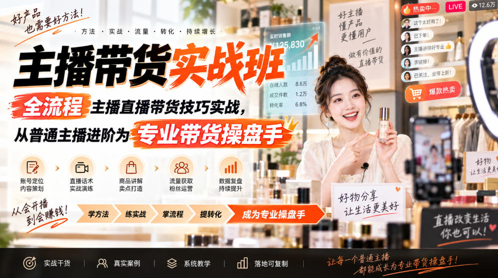 主播带货实战班ZB，全流程主播直播带货技巧实战，从普通主播进阶为专业带货操盘手-易创网