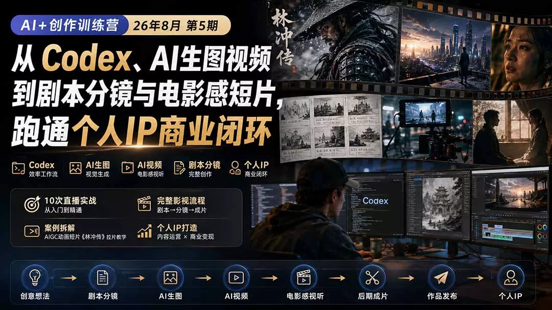 AI+创作训练营26年8月第5期:从Codex、AI生图视频到剧本分镜与电影感短片,跑通个人IP商业闭环 AI+创作训练营26年8月第5期:从Codex、AI生图视频到剧本分镜与电影感短片,跑通个人IP商业闭环