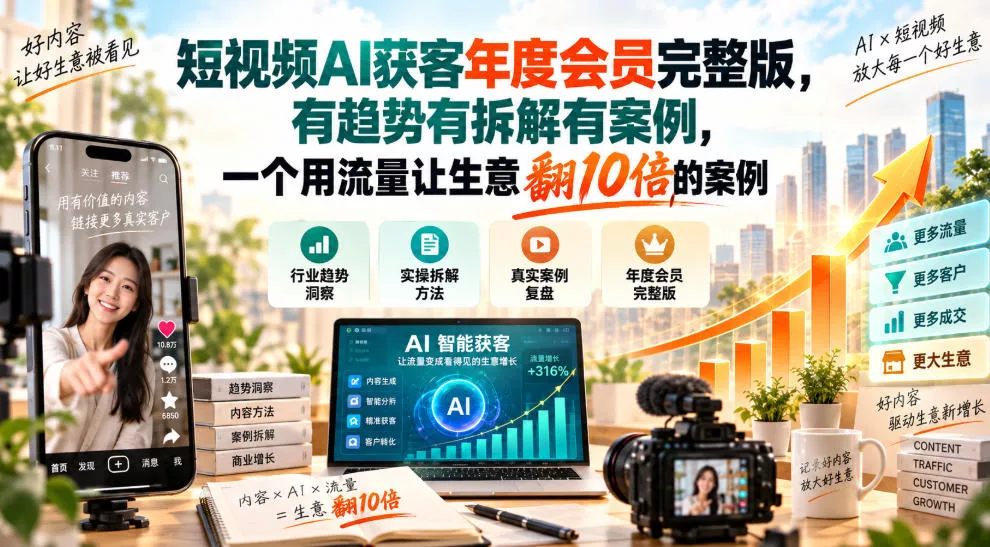 短视频AI获客年度会员完整版，有趋势有拆解有案例，一个用流量让生意翻10倍的案例-易创网