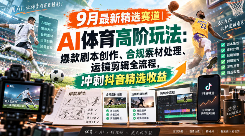 某大佬的9月最新精选赛道之AI体育顶级玩法，爆款剧本创作、版权规避、运镜剪辑全流程，稳拿抖音精选收益-易创网