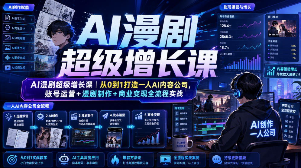 AI漫剧超级增长课｜从0到1打造一人AI内容公司，账号运营+漫剧制作+商业变现全流程实战-易创网