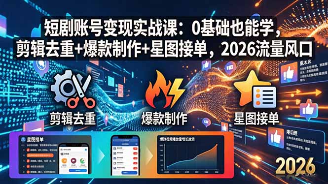 短剧账号变现实战课：0基础也能学，剪辑去重+爆款制作+星图接单，2026流量风口-易创网