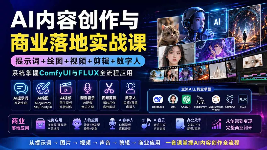 AI内容创作与商业落地实战课：提示词+绘图+视频+剪辑+数字人，系统掌握ComfyUI与FLUX全流程应用-易创网