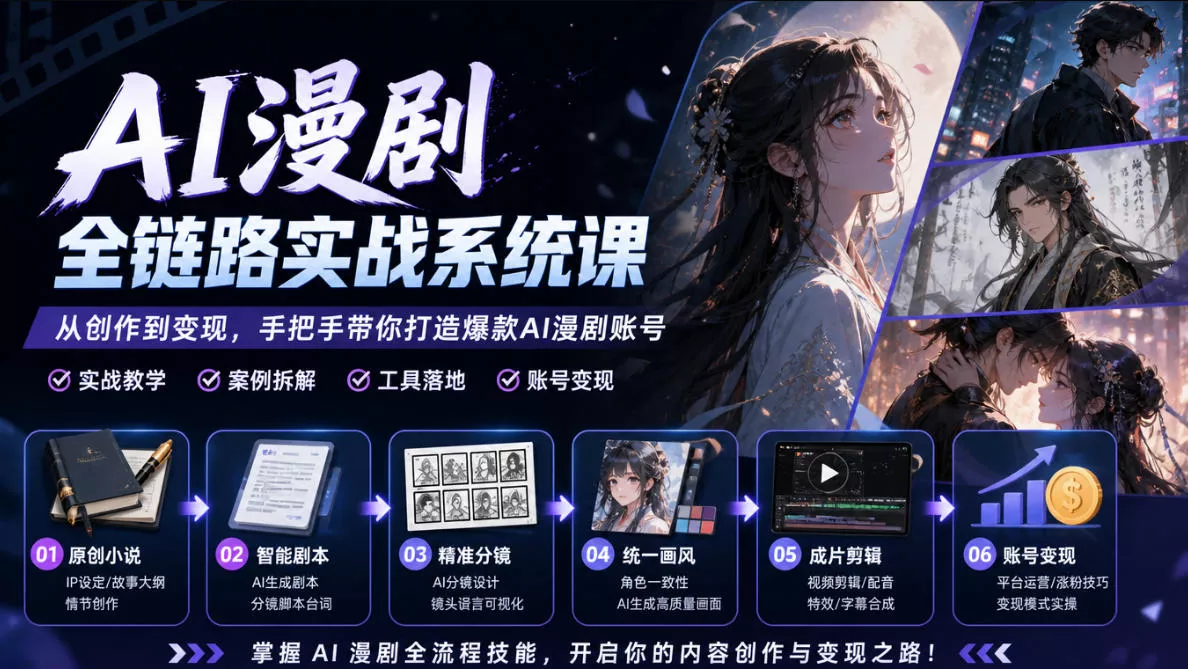 AI漫剧全链路实战系统课｜原创小说、智能剧本、精准分镜、统一画风、成片剪辑、账号变现实操教学(更新1018)-易创网