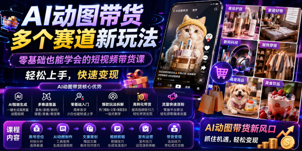 AI动图带货多个赛道新玩法，零基础也能学会的短视频带货课，轻松上手，快速变现-易创网