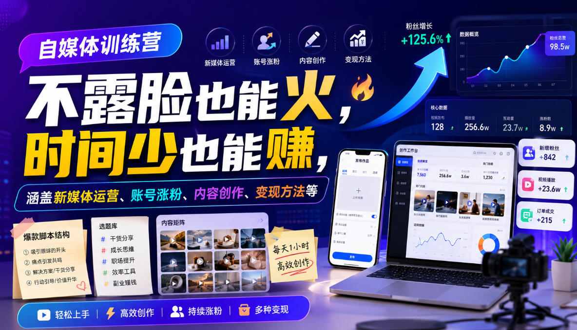 自媒体训练营，不露脸也能火，时间少也能賺，涵盖新媒体运营、账号涨粉、内容创作、变现方法等-易创网