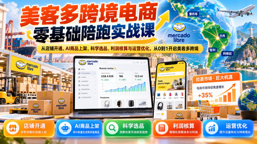 美客多跨境电商零基础陪跑实战课：从店铺开通、AI商品上架、科学选品、利润核算与运营优化，从0到1开启美客多跨境-易创网