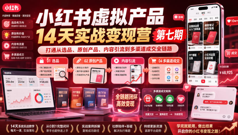 小红书虚拟产品14天实战变现营第七期，打通从选品、原创产品、内容引流到多渠道成交全链路-易创网