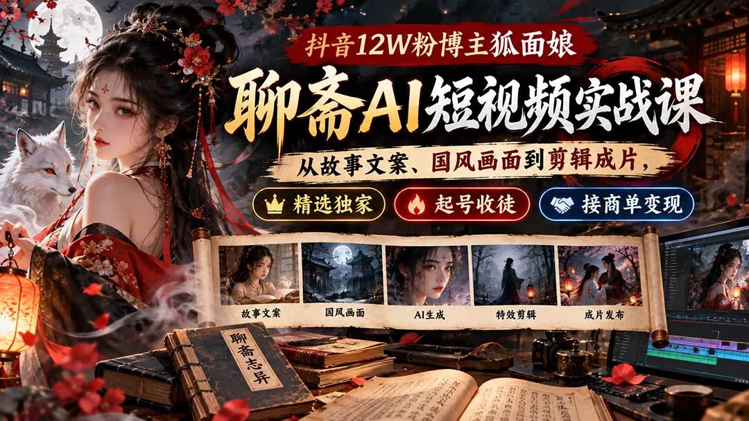抖音12W粉博主狐面娘-聊斋AI短视频实战课：从故事文案、国风画面到剪辑成片，精选独家+起号收徒+接商单变现-易创网
