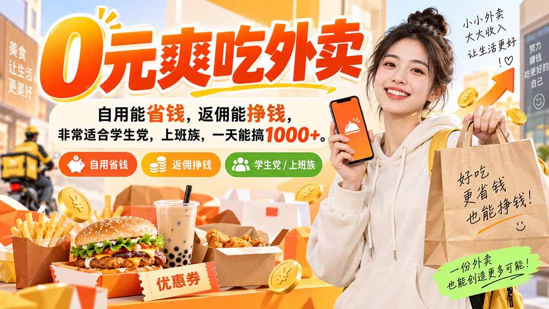 （20309期）0元爽吃外卖，自用能省钱，返佣能挣钱，非常适合学生党，上班族，一天能搞1000+-易创网