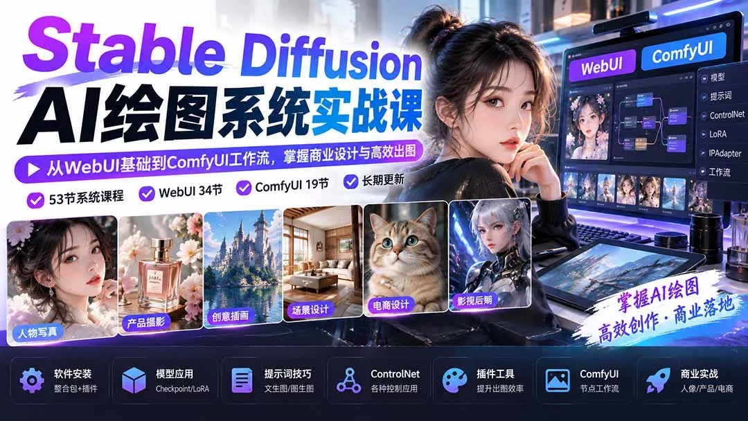 【无水印】Stable Diffusion AI绘图系统实战课：从WebUI基础到ComfyUI工作流，掌握商业设计与高效出图-易创网