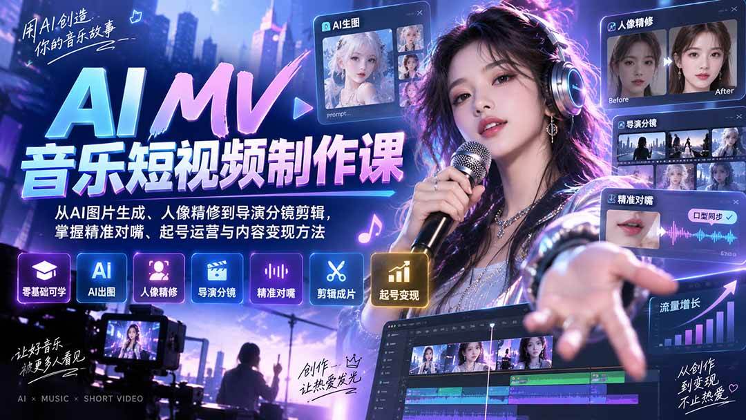 （20364期）AI MV音乐短视频制作课：从AI图片生成、人像精修到导演分镜剪辑，掌握精准对嘴、起号运营与内容变现方法-易创网