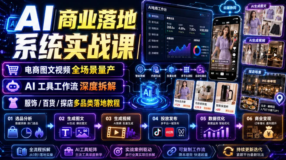 AI商业落地系统实战课｜电商图文视频全场景量产・AI工具工作流深度拆解・服饰/百货/探店多品类落地教程-易创网