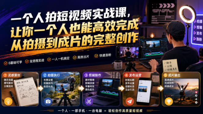 一个人拍短视频实战课，让你一个人也能高效完成从拍摄到成片的完整创作-易创网