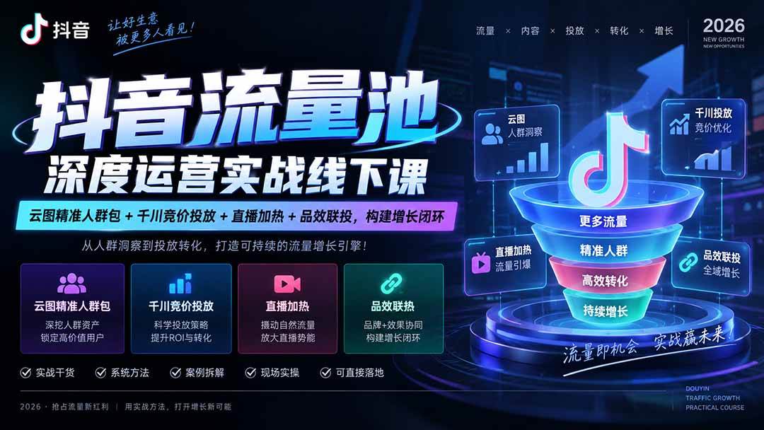（20598期）抖音流量池深度运营实战线下课｜云图精准人群包+千川竞价投放+直播加热+品效联投，构建增长闭环-易创网