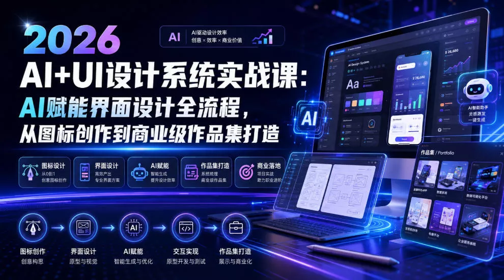 2026 AI+UI设计系统实战课：AI赋能界面设计全流程，从图标创作到商业级作品集打造-易创网